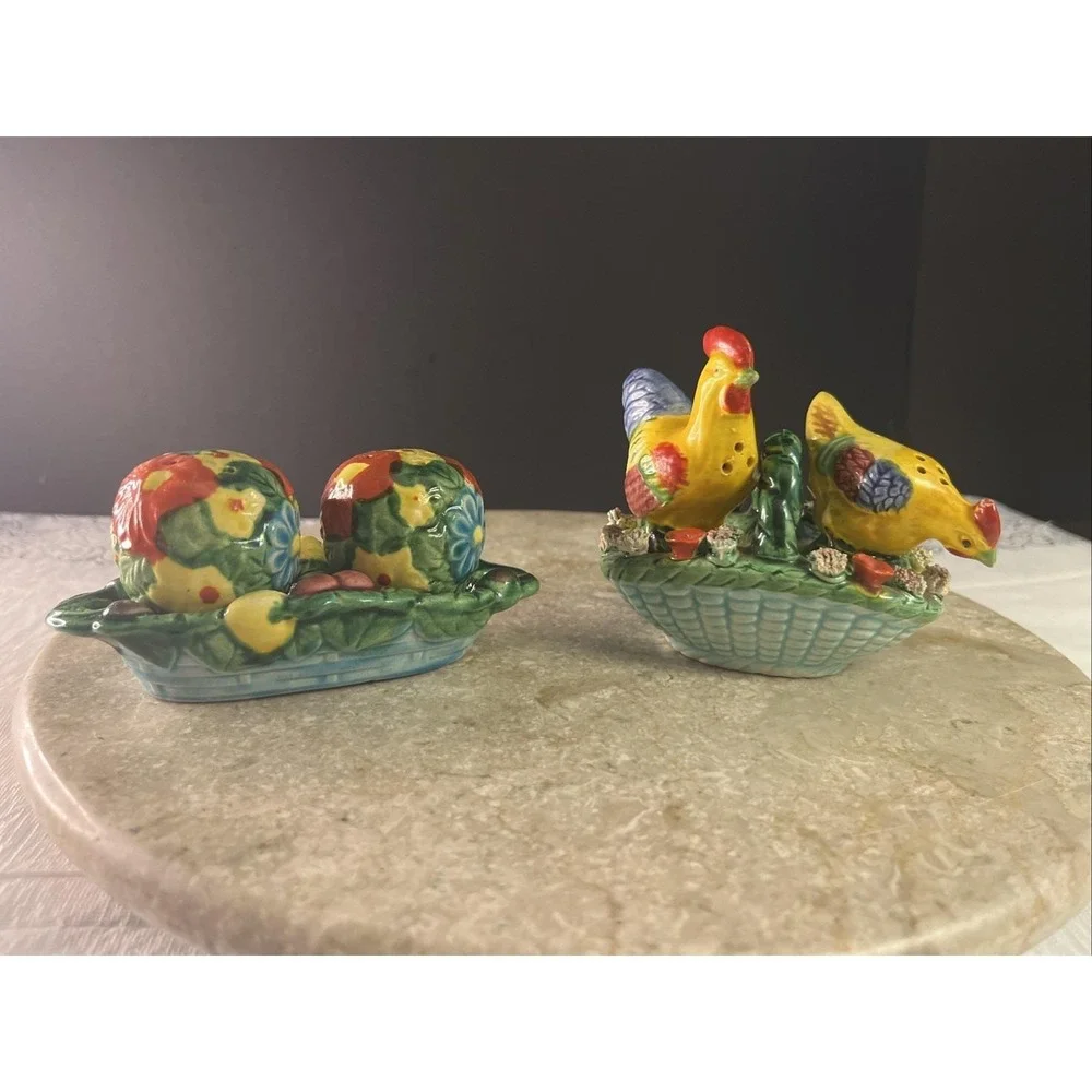 2 Sets VTG Japanese Floral And Rooster &Chicken Salt And Pepper Shakers W/Trays